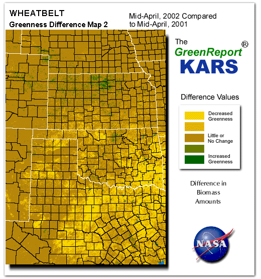 Color-coded Wheat Belt vegetation greeness index map for Period 16 of 2002, illustrating spatial variations in plant vigor, with greener tones indicating higher biomass and browner tones indicating stressed vegetation,
              comparing current crop/vegetation change in biomass to same period from the previous year.