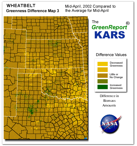 Color-coded Wheat Belt vegetation greeness index map for Period 16 of 2002, illustrating spatial variations in plant vigor, with greener tones indicating higher biomass and browner tones indicating stressed vegetation,
              comparing current crop/vegetation change in biomass to the 20-year greenness average.