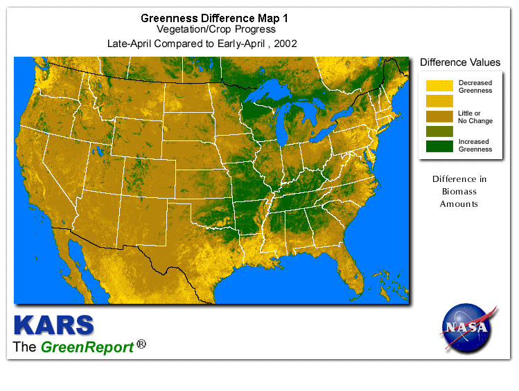 Color-coded U.S. vegetation greeness index map for Period 17 of 2002, illustrating spatial variations in plant vigor, with greener tones indicating higher biomass and browner tones indicating stressed vegetation,
              comparing current crop/vegetation change in biomass to the previous week within the same year.