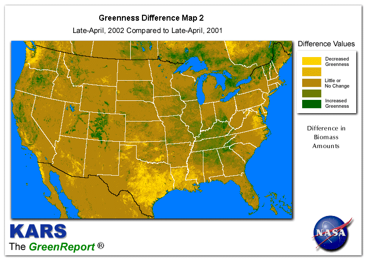Color-coded U.S. vegetation greeness index map for Period 17 of 2002, illustrating spatial variations in plant vigor, with greener tones indicating higher biomass and browner tones indicating stressed vegetation,
              comparing current crop/vegetation change in biomass to same period from the previous year.