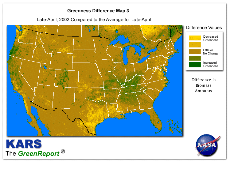 Color-coded U.S. vegetation greeness index map for Period 17 of 2002, illustrating spatial variations in plant vigor, with greener tones indicating higher biomass and browner tones indicating stressed vegetation,
              comparing current crop/vegetation change in biomass to the 20-year greenness average.