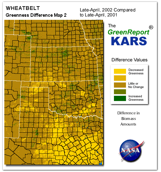 Color-coded Wheat Belt vegetation greeness index map for Period 17 of 2002, illustrating spatial variations in plant vigor, with greener tones indicating higher biomass and browner tones indicating stressed vegetation,
              comparing current crop/vegetation change in biomass to same period from the previous year.