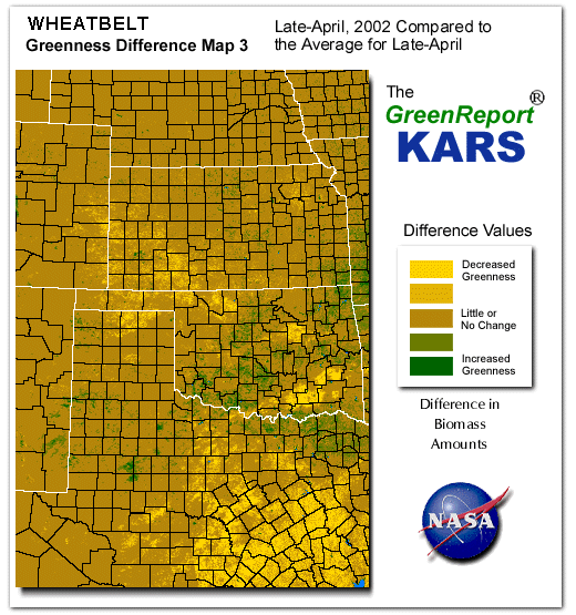 Color-coded Wheat Belt vegetation greeness index map for Period 17 of 2002, illustrating spatial variations in plant vigor, with greener tones indicating higher biomass and browner tones indicating stressed vegetation,
              comparing current crop/vegetation change in biomass to the 20-year greenness average.