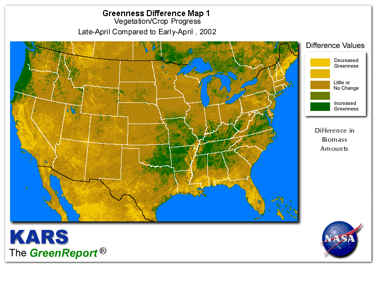 Color-coded U.S. vegetation greeness index map for Period 18 of 2002, illustrating spatial variations in plant vigor, with greener tones indicating higher biomass and browner tones indicating stressed vegetation,
              comparing current crop/vegetation change in biomass to the previous week within the same year.