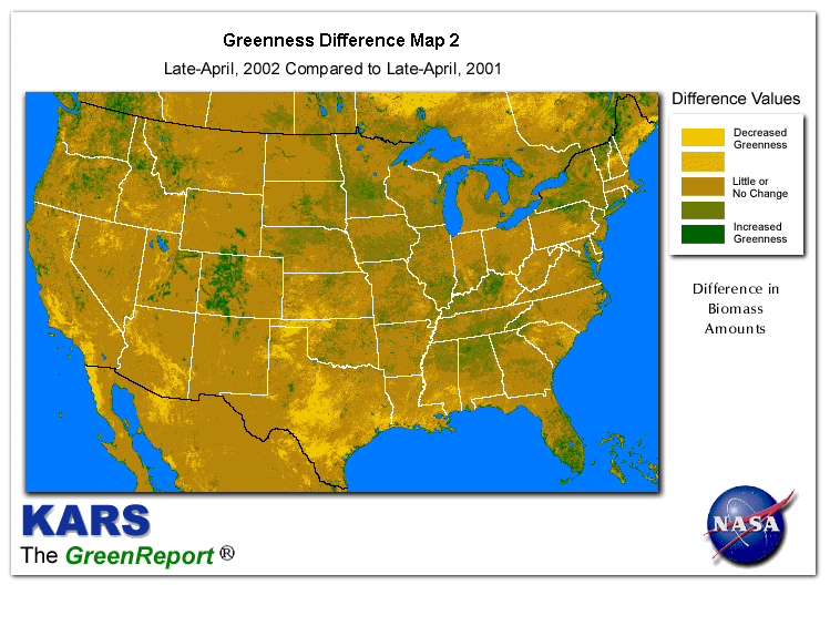 Color-coded U.S. vegetation greeness index map for Period 18 of 2002, illustrating spatial variations in plant vigor, with greener tones indicating higher biomass and browner tones indicating stressed vegetation,
              comparing current crop/vegetation change in biomass to same period from the previous year.