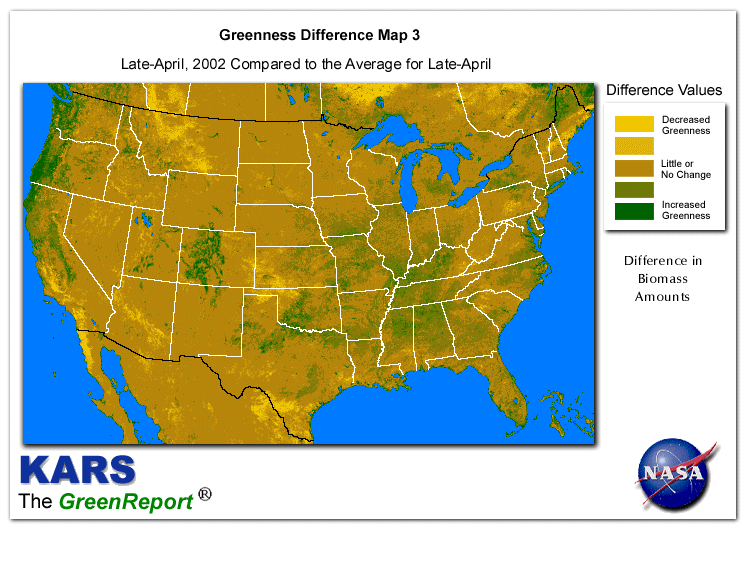 Color-coded U.S. vegetation greeness index map for Period 18 of 2002, illustrating spatial variations in plant vigor, with greener tones indicating higher biomass and browner tones indicating stressed vegetation,
              comparing current crop/vegetation change in biomass to the 20-year greenness average.