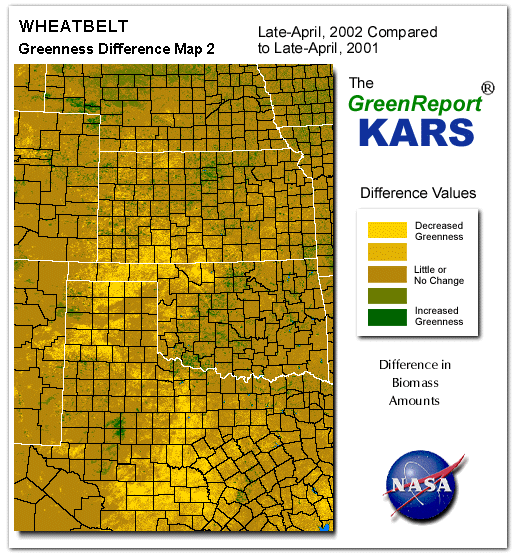 Color-coded Wheat Belt vegetation greeness index map for Period 18 of 2002, illustrating spatial variations in plant vigor, with greener tones indicating higher biomass and browner tones indicating stressed vegetation,
              comparing current crop/vegetation change in biomass to same period from the previous year.