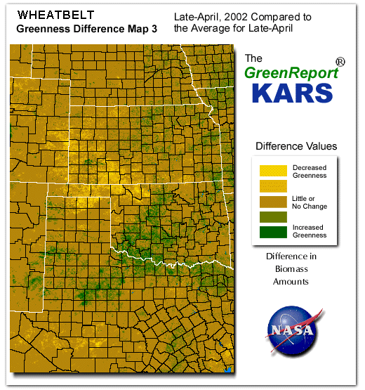 Color-coded Wheat Belt vegetation greeness index map for Period 18 of 2002, illustrating spatial variations in plant vigor, with greener tones indicating higher biomass and browner tones indicating stressed vegetation,
              comparing current crop/vegetation change in biomass to the 20-year greenness average.