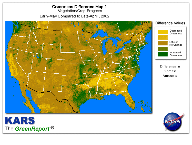 Color-coded U.S. vegetation greeness index map for Period 19 of 2002, illustrating spatial variations in plant vigor, with greener tones indicating higher biomass and browner tones indicating stressed vegetation,
              comparing current crop/vegetation change in biomass to the previous week within the same year.
