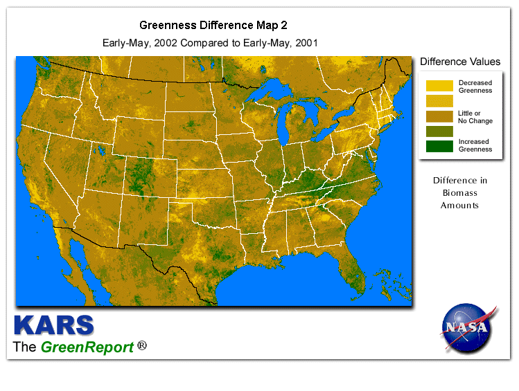 Color-coded U.S. vegetation greeness index map for Period 19 of 2002, illustrating spatial variations in plant vigor, with greener tones indicating higher biomass and browner tones indicating stressed vegetation,
              comparing current crop/vegetation change in biomass to same period from the previous year.