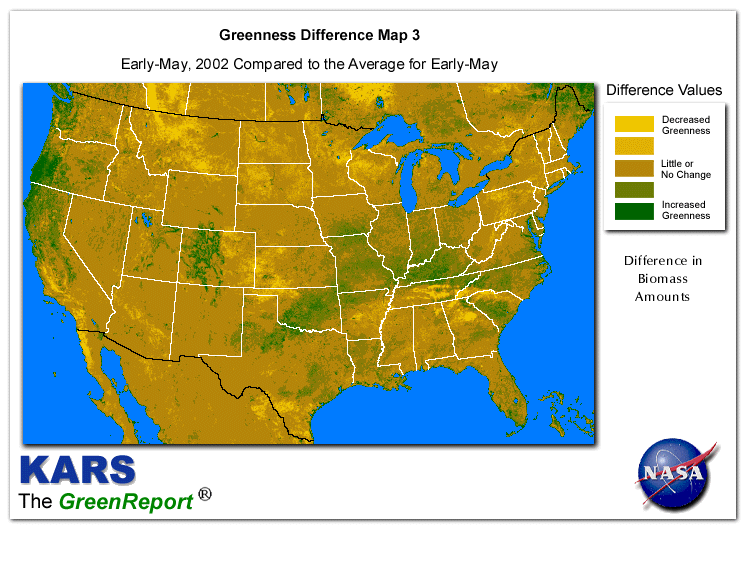 Color-coded U.S. vegetation greeness index map for Period 19 of 2002, illustrating spatial variations in plant vigor, with greener tones indicating higher biomass and browner tones indicating stressed vegetation,
              comparing current crop/vegetation change in biomass to the 20-year greenness average.