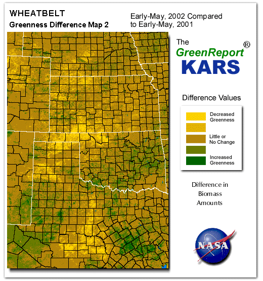 Color-coded Wheat Belt vegetation greeness index map for Period 19 of 2002, illustrating spatial variations in plant vigor, with greener tones indicating higher biomass and browner tones indicating stressed vegetation,
              comparing current crop/vegetation change in biomass to same period from the previous year.