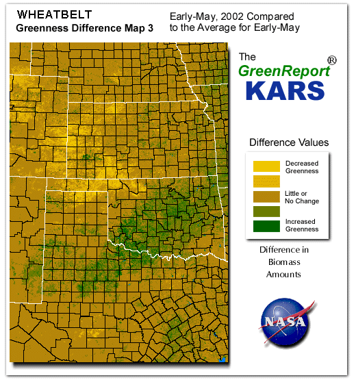 Color-coded Wheat Belt vegetation greeness index map for Period 19 of 2002, illustrating spatial variations in plant vigor, with greener tones indicating higher biomass and browner tones indicating stressed vegetation,
              comparing current crop/vegetation change in biomass to the 20-year greenness average.