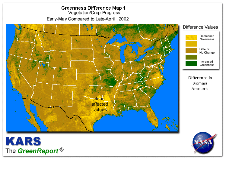 Color-coded U.S. vegetation greeness index map for Period 20 of 2002, illustrating spatial variations in plant vigor, with greener tones indicating higher biomass and browner tones indicating stressed vegetation,
              comparing current crop/vegetation change in biomass to the previous week within the same year.