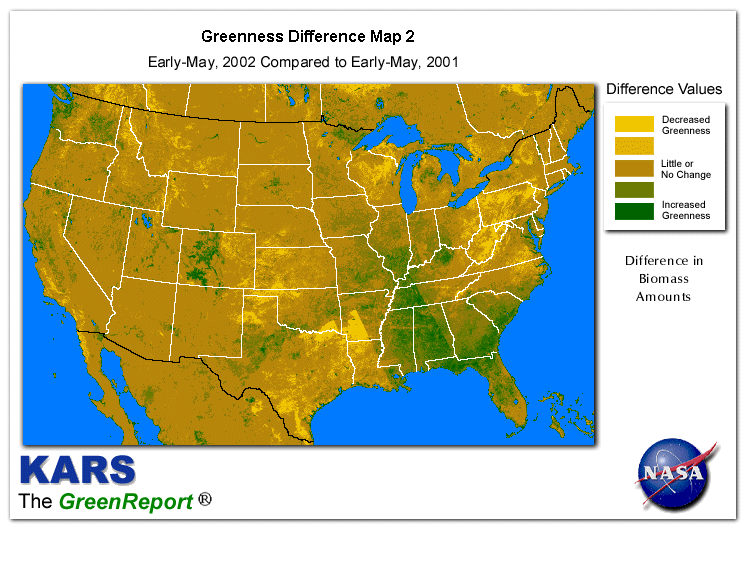 Color-coded U.S. vegetation greeness index map for Period 20 of 2002, illustrating spatial variations in plant vigor, with greener tones indicating higher biomass and browner tones indicating stressed vegetation,
              comparing current crop/vegetation change in biomass to same period from the previous year.