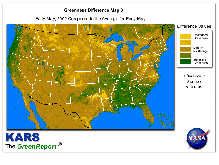 Color-coded U.S. vegetation greeness index map for Period 20 of 2002, illustrating spatial variations in plant vigor, with greener tones indicating higher biomass and browner tones indicating stressed vegetation,
              comparing current crop/vegetation change in biomass to the 20-year greenness average.