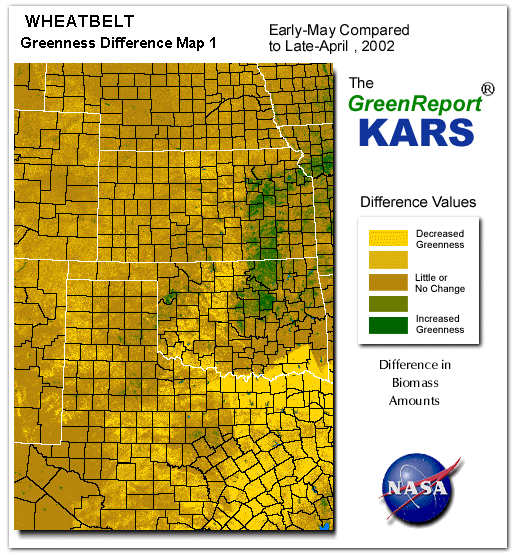 Color-coded Wheat Belt vegetation greeness index map for Period 20 of 2002, illustrating spatial variations in plant vigor, with greener tones indicating higher biomass and browner tones indicating stressed vegetation,
              comparing current crop/vegetation change in biomass to the previous week within the same year.