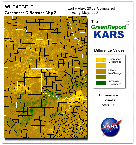 Color-coded Wheat Belt vegetation greeness index map for Period 20 of 2002, illustrating spatial variations in plant vigor, with greener tones indicating higher biomass and browner tones indicating stressed vegetation,
              comparing current crop/vegetation change in biomass to same period from the previous year.