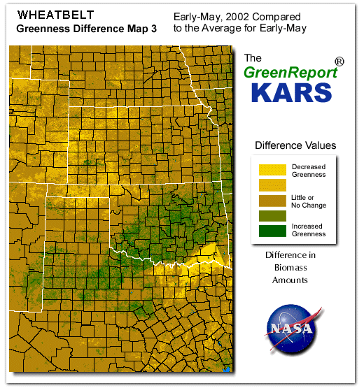 Color-coded Wheat Belt vegetation greeness index map for Period 20 of 2002, illustrating spatial variations in plant vigor, with greener tones indicating higher biomass and browner tones indicating stressed vegetation,
              comparing current crop/vegetation change in biomass to the 20-year greenness average.