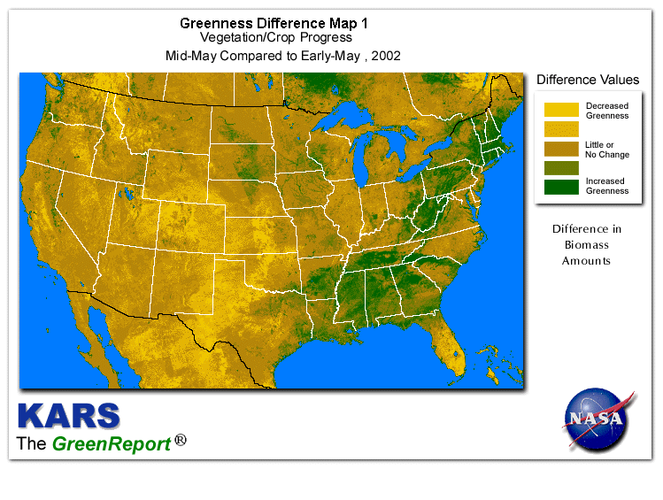 Color-coded U.S. vegetation greeness index map for Period 21 of 2002, illustrating spatial variations in plant vigor, with greener tones indicating higher biomass and browner tones indicating stressed vegetation,
              comparing current crop/vegetation change in biomass to the previous week within the same year.