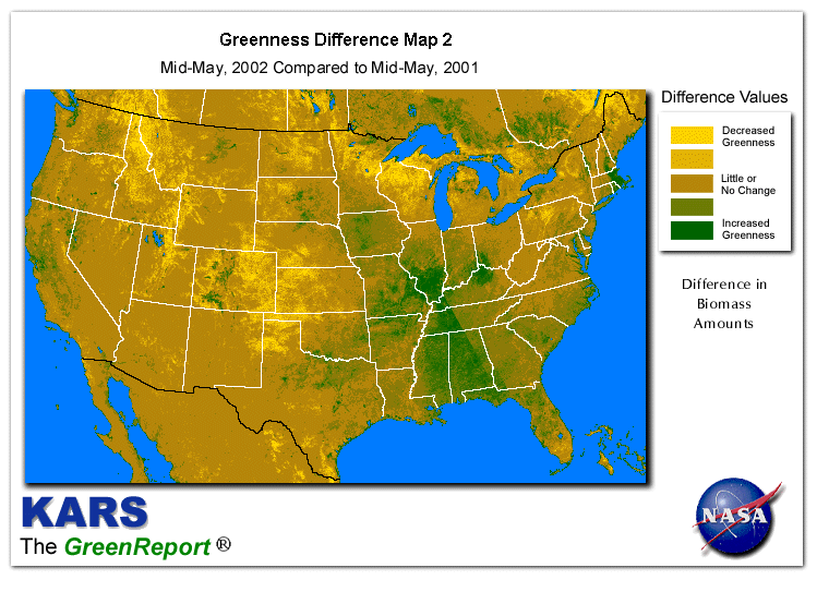 Color-coded U.S. vegetation greeness index map for Period 21 of 2002, illustrating spatial variations in plant vigor, with greener tones indicating higher biomass and browner tones indicating stressed vegetation,
              comparing current crop/vegetation change in biomass to same period from the previous year.