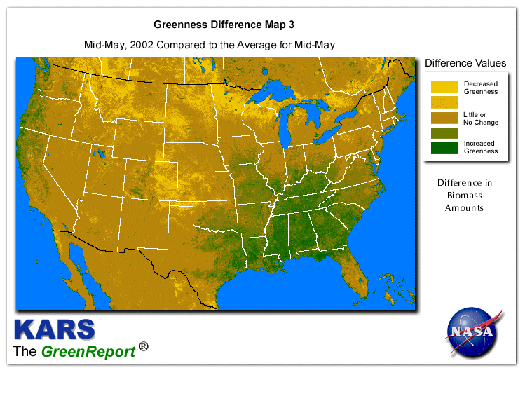 Color-coded U.S. vegetation greeness index map for Period 21 of 2002, illustrating spatial variations in plant vigor, with greener tones indicating higher biomass and browner tones indicating stressed vegetation,
              comparing current crop/vegetation change in biomass to the 20-year greenness average.