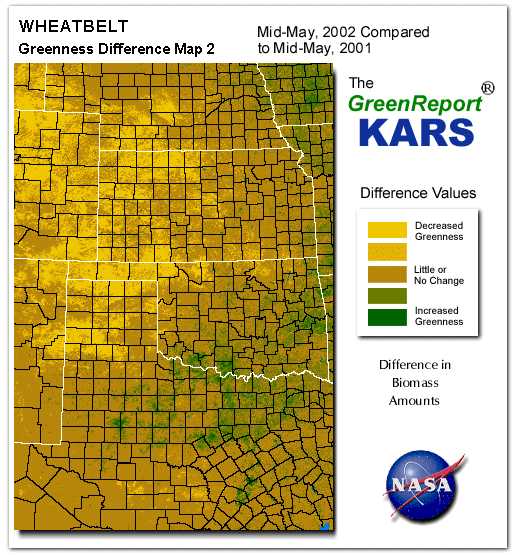 Color-coded Wheat Belt vegetation greeness index map for Period 21 of 2002, illustrating spatial variations in plant vigor, with greener tones indicating higher biomass and browner tones indicating stressed vegetation,
              comparing current crop/vegetation change in biomass to same period from the previous year.