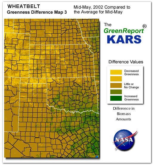 Color-coded Wheat Belt vegetation greeness index map for Period 21 of 2002, illustrating spatial variations in plant vigor, with greener tones indicating higher biomass and browner tones indicating stressed vegetation,
              comparing current crop/vegetation change in biomass to the 20-year greenness average.
