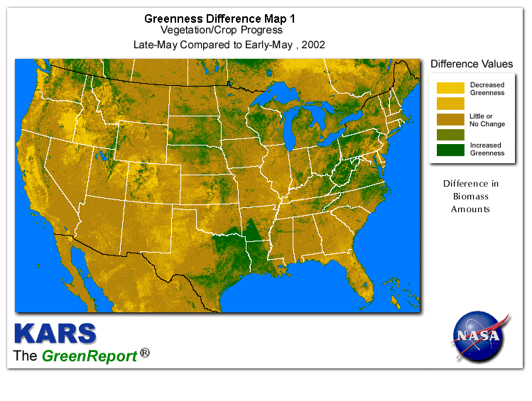 Color-coded U.S. vegetation greeness index map for Period 22 of 2002, illustrating spatial variations in plant vigor, with greener tones indicating higher biomass and browner tones indicating stressed vegetation,
              comparing current crop/vegetation change in biomass to the previous week within the same year.