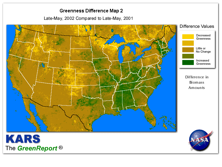 Color-coded U.S. vegetation greeness index map for Period 22 of 2002, illustrating spatial variations in plant vigor, with greener tones indicating higher biomass and browner tones indicating stressed vegetation,
              comparing current crop/vegetation change in biomass to same period from the previous year.