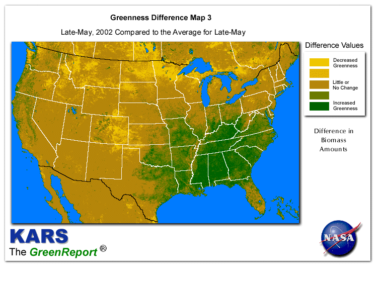 Color-coded U.S. vegetation greeness index map for Period 22 of 2002, illustrating spatial variations in plant vigor, with greener tones indicating higher biomass and browner tones indicating stressed vegetation,
              comparing current crop/vegetation change in biomass to the 20-year greenness average.