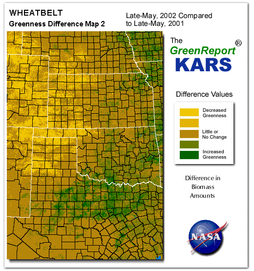 Color-coded Wheat Belt vegetation greeness index map for Period 22 of 2002, illustrating spatial variations in plant vigor, with greener tones indicating higher biomass and browner tones indicating stressed vegetation,
              comparing current crop/vegetation change in biomass to same period from the previous year.