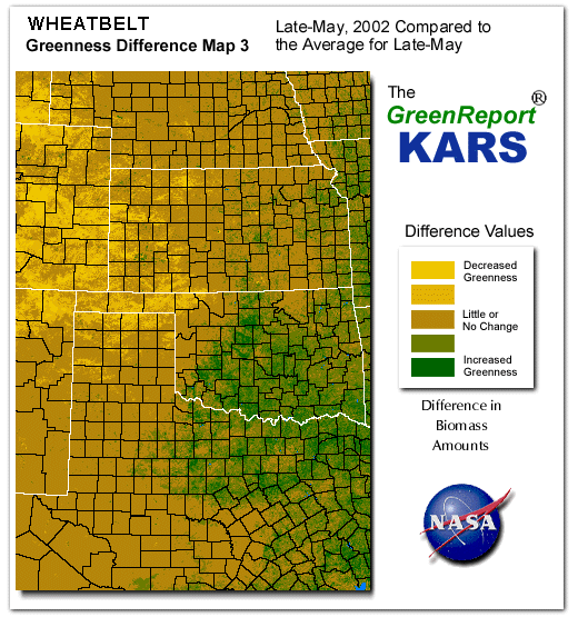 Color-coded Wheat Belt vegetation greeness index map for Period 22 of 2002, illustrating spatial variations in plant vigor, with greener tones indicating higher biomass and browner tones indicating stressed vegetation,
              comparing current crop/vegetation change in biomass to the 20-year greenness average.