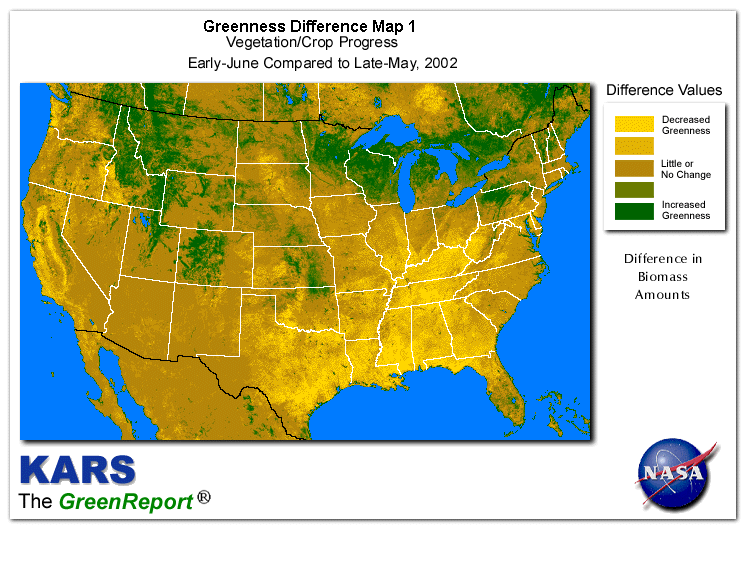Color-coded U.S. vegetation greeness index map for Period 23 of 2002, illustrating spatial variations in plant vigor, with greener tones indicating higher biomass and browner tones indicating stressed vegetation,
              comparing current crop/vegetation change in biomass to the previous week within the same year.