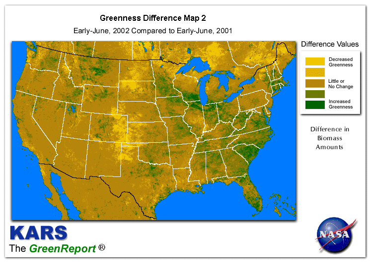 Color-coded U.S. vegetation greeness index map for Period 23 of 2002, illustrating spatial variations in plant vigor, with greener tones indicating higher biomass and browner tones indicating stressed vegetation,
              comparing current crop/vegetation change in biomass to same period from the previous year.