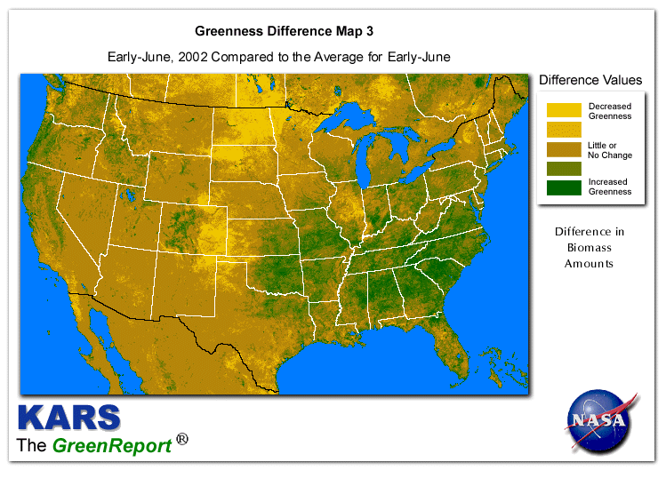 Color-coded U.S. vegetation greeness index map for Period 23 of 2002, illustrating spatial variations in plant vigor, with greener tones indicating higher biomass and browner tones indicating stressed vegetation,
              comparing current crop/vegetation change in biomass to the 20-year greenness average.