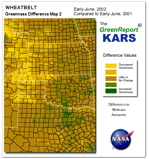 Color-coded Wheat Belt vegetation greeness index map for Period 23 of 2002, illustrating spatial variations in plant vigor, with greener tones indicating higher biomass and browner tones indicating stressed vegetation,
              comparing current crop/vegetation change in biomass to same period from the previous year.