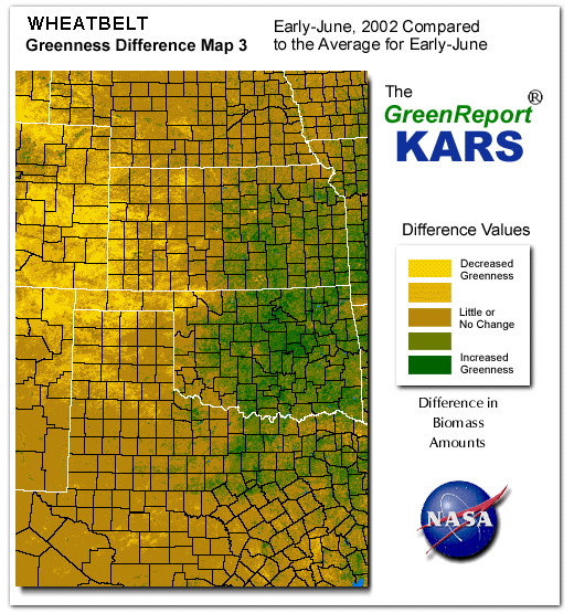 Color-coded Wheat Belt vegetation greeness index map for Period 23 of 2002, illustrating spatial variations in plant vigor, with greener tones indicating higher biomass and browner tones indicating stressed vegetation,
              comparing current crop/vegetation change in biomass to the 20-year greenness average.