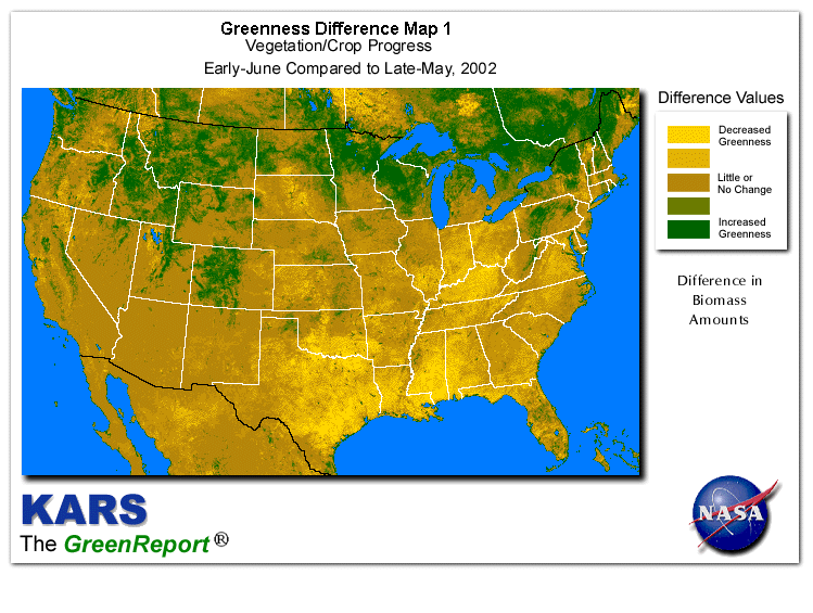 Color-coded U.S. vegetation greeness index map for Period 24 of 2002, illustrating spatial variations in plant vigor, with greener tones indicating higher biomass and browner tones indicating stressed vegetation,
              comparing current crop/vegetation change in biomass to the previous week within the same year.