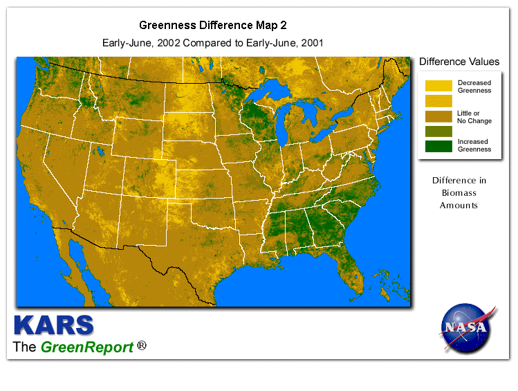 Color-coded U.S. vegetation greeness index map for Period 24 of 2002, illustrating spatial variations in plant vigor, with greener tones indicating higher biomass and browner tones indicating stressed vegetation,
              comparing current crop/vegetation change in biomass to same period from the previous year.
