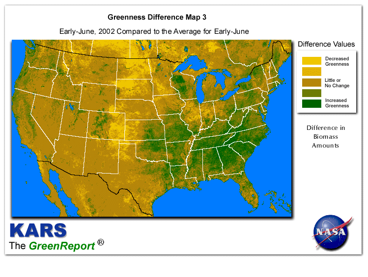 Color-coded U.S. vegetation greeness index map for Period 24 of 2002, illustrating spatial variations in plant vigor, with greener tones indicating higher biomass and browner tones indicating stressed vegetation,
              comparing current crop/vegetation change in biomass to the 20-year greenness average.