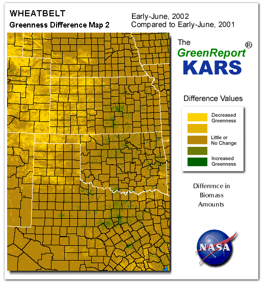 Color-coded Wheat Belt vegetation greeness index map for Period 24 of 2002, illustrating spatial variations in plant vigor, with greener tones indicating higher biomass and browner tones indicating stressed vegetation,
              comparing current crop/vegetation change in biomass to same period from the previous year.