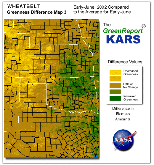 Color-coded Wheat Belt vegetation greeness index map for Period 24 of 2002, illustrating spatial variations in plant vigor, with greener tones indicating higher biomass and browner tones indicating stressed vegetation,
              comparing current crop/vegetation change in biomass to the 20-year greenness average.