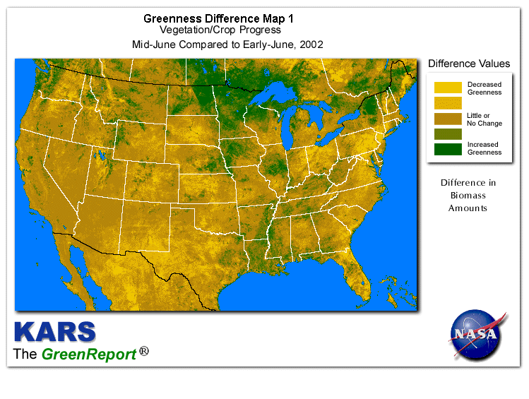 Color-coded U.S. vegetation greeness index map for Period 25 of 2002, illustrating spatial variations in plant vigor, with greener tones indicating higher biomass and browner tones indicating stressed vegetation,
              comparing current crop/vegetation change in biomass to the previous week within the same year.