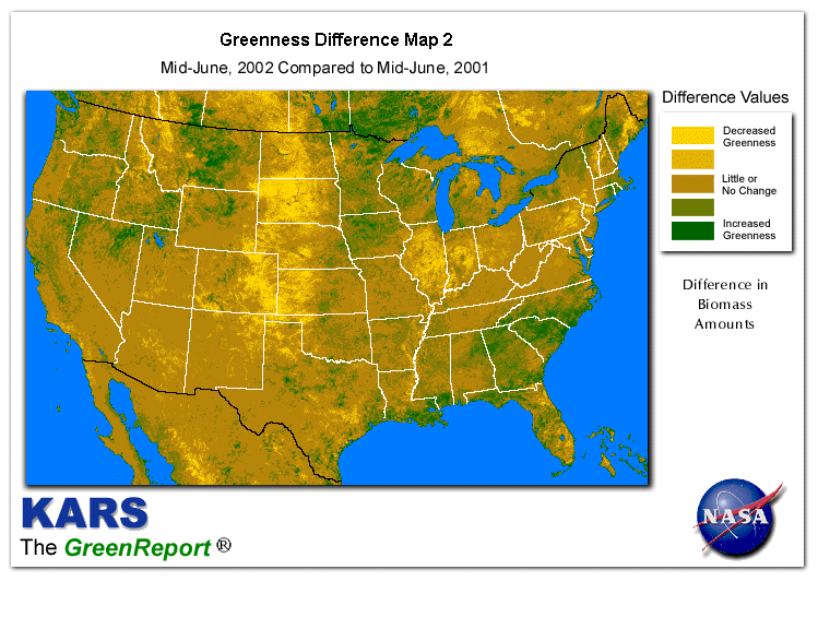 Color-coded U.S. vegetation greeness index map for Period 25 of 2002, illustrating spatial variations in plant vigor, with greener tones indicating higher biomass and browner tones indicating stressed vegetation,
              comparing current crop/vegetation change in biomass to same period from the previous year.