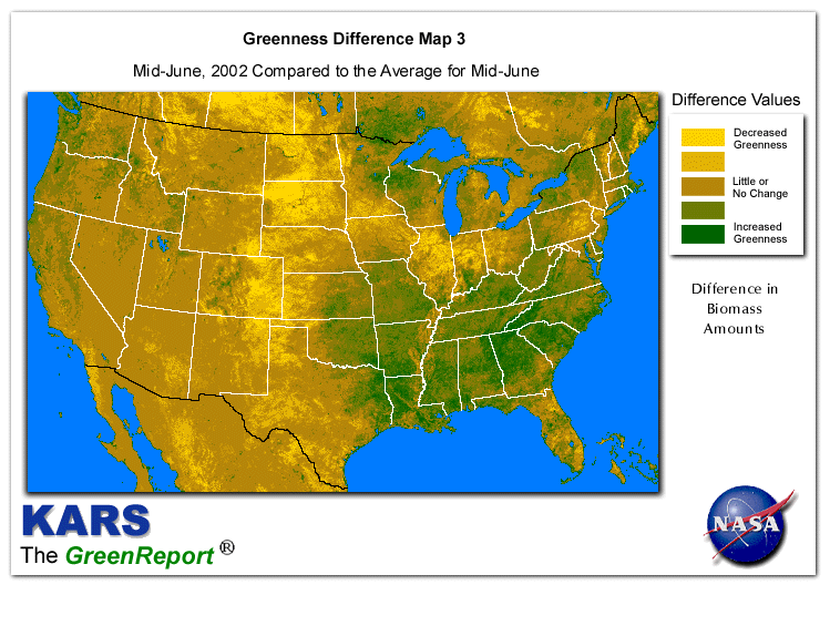 Color-coded U.S. vegetation greeness index map for Period 25 of 2002, illustrating spatial variations in plant vigor, with greener tones indicating higher biomass and browner tones indicating stressed vegetation,
              comparing current crop/vegetation change in biomass to the 20-year greenness average.