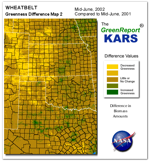 Color-coded Wheat Belt vegetation greeness index map for Period 25 of 2002, illustrating spatial variations in plant vigor, with greener tones indicating higher biomass and browner tones indicating stressed vegetation,
              comparing current crop/vegetation change in biomass to same period from the previous year.