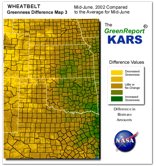 Color-coded Wheat Belt vegetation greeness index map for Period 25 of 2002, illustrating spatial variations in plant vigor, with greener tones indicating higher biomass and browner tones indicating stressed vegetation,
              comparing current crop/vegetation change in biomass to the 20-year greenness average.