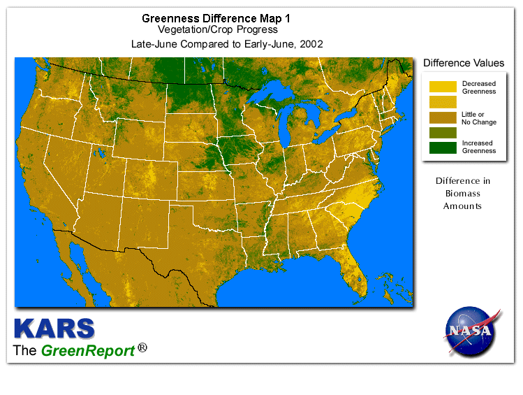 Color-coded U.S. vegetation greeness index map for Period 26 of 2002, illustrating spatial variations in plant vigor, with greener tones indicating higher biomass and browner tones indicating stressed vegetation,
              comparing current crop/vegetation change in biomass to the previous week within the same year.