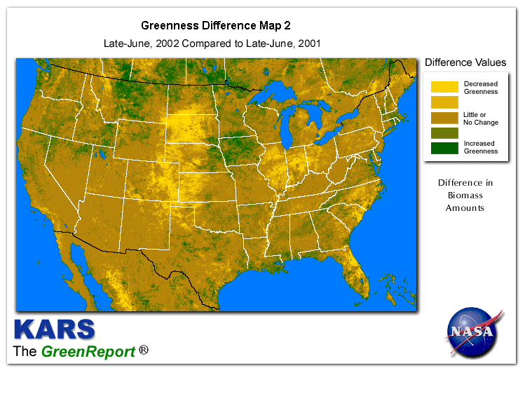 Color-coded U.S. vegetation greeness index map for Period 26 of 2002, illustrating spatial variations in plant vigor, with greener tones indicating higher biomass and browner tones indicating stressed vegetation,
              comparing current crop/vegetation change in biomass to same period from the previous year.